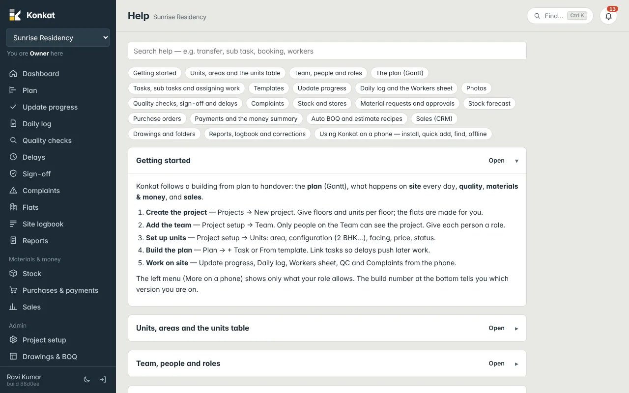 The in-app Help screen: search box, topic chips and an Open button next to each topic that jumps to that screen.