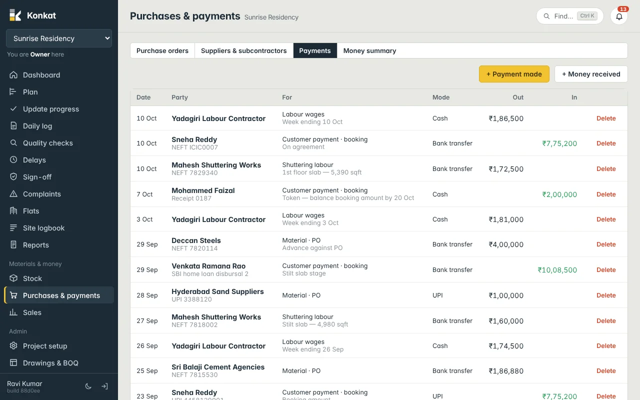 Payments for Sunrise Residency: weekly labour in cash, shuttering bills by bank transfer, PO payments to suppliers, and customer receipts against bookings shown in green.