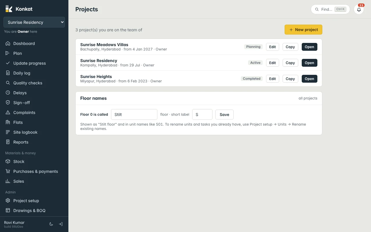 Projects: the list of projects you are on the team of, with New project and the Floor names setting.