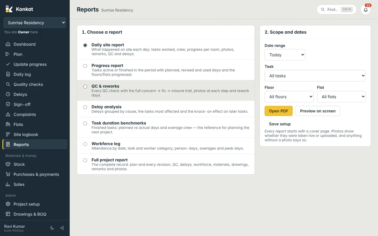 Reports: choose a report on the left, then scope and dates on the right.