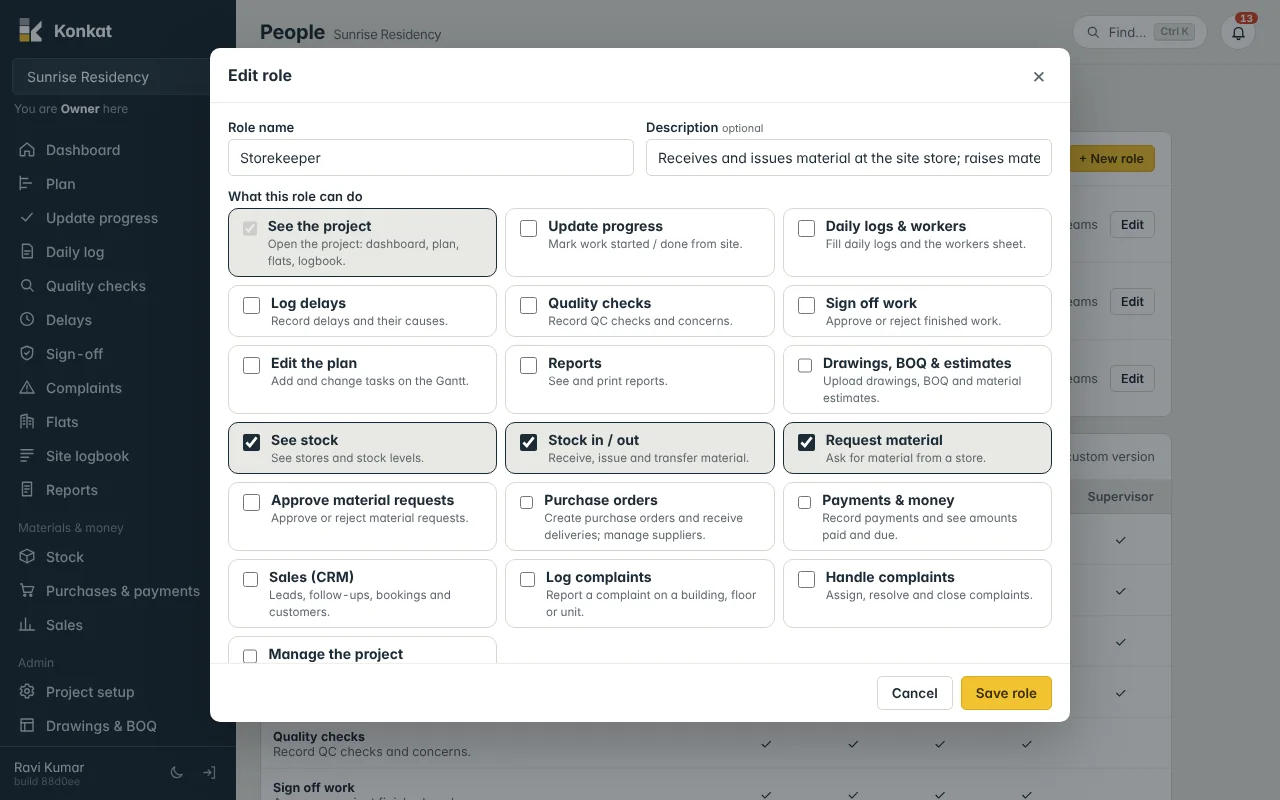 Editing the custom role Storekeeper: See stock, Stock in / out and Request material are ticked.