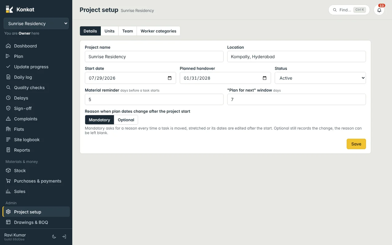 Project setup → Details: Reason when plan dates change after the project start — Mandatory or Optional.