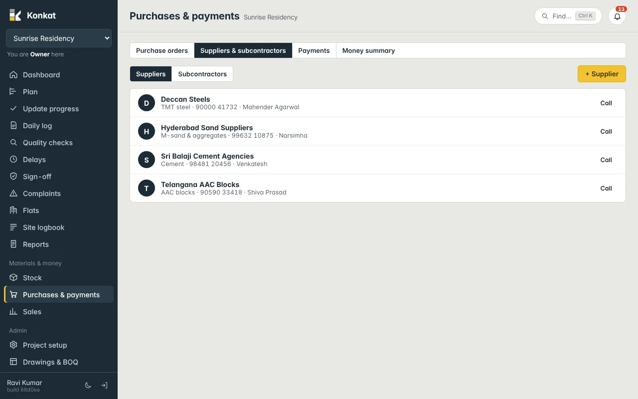 Suppliers shared by all projects, with what they supply, phone and contact person. Call dials from a phone.