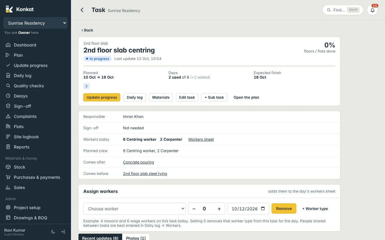 The task page for “2nd floor slab centring”: in progress, 2 of 6 days used, workers today and links.