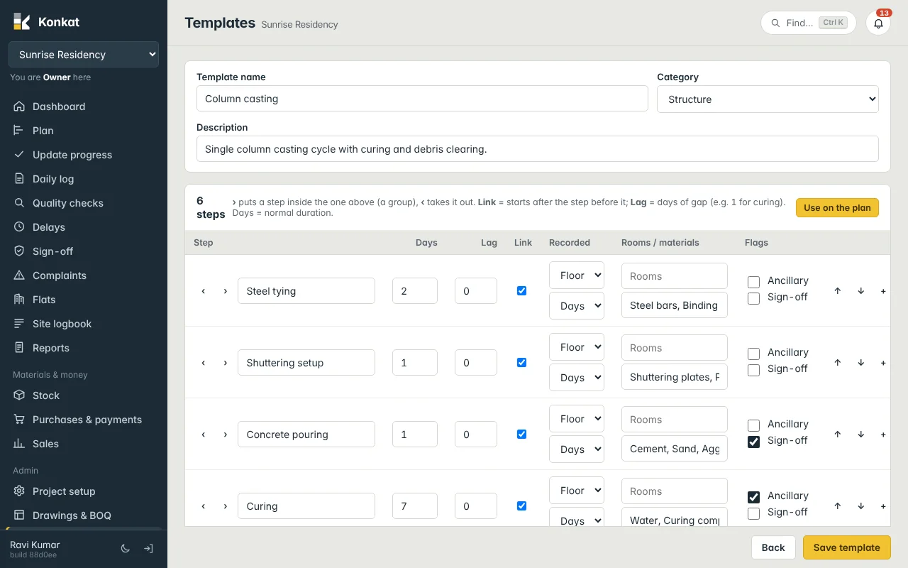 The Column casting template: steps with days, lag, link, how progress is recorded, materials and flags.