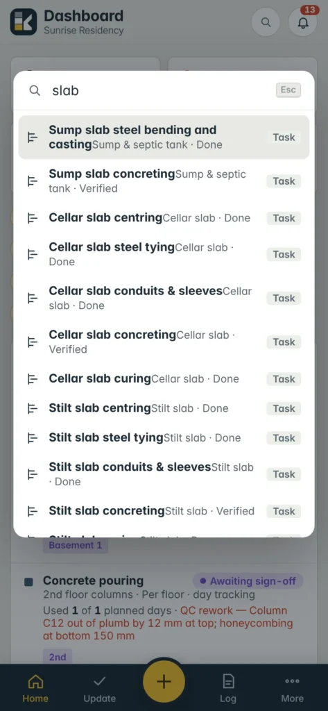 Find with "slab" typed: every slab task of Sunrise Residency with its status.