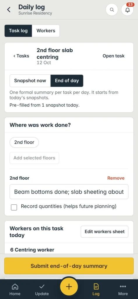 The same end-of-day log on a phone.