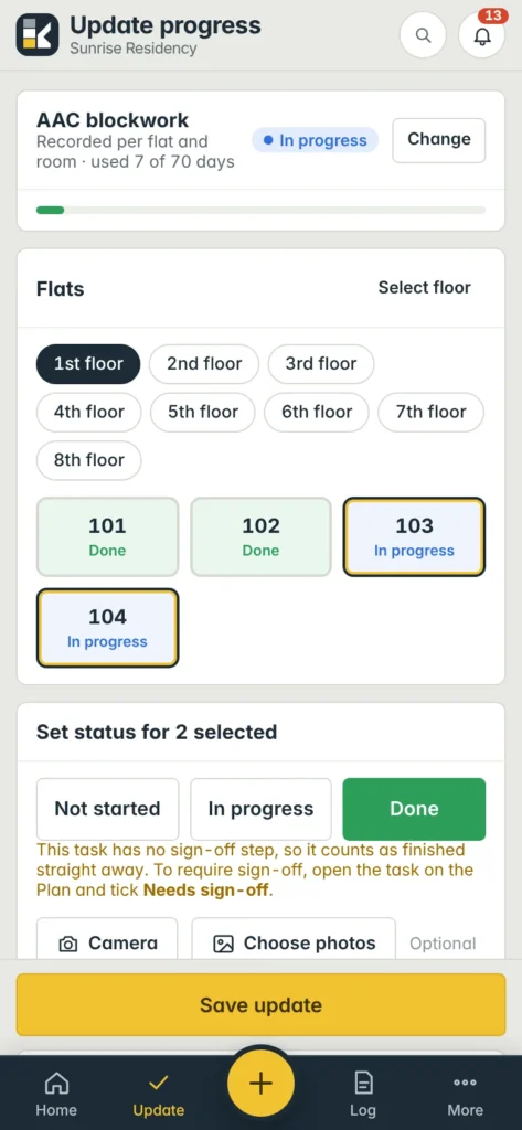 AAC blockwork, 1st floor: 103 and 104 selected and set to Done.