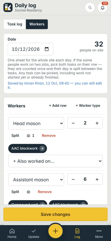 On a phone each row stacks: worker type, number, and the tasks they worked on.